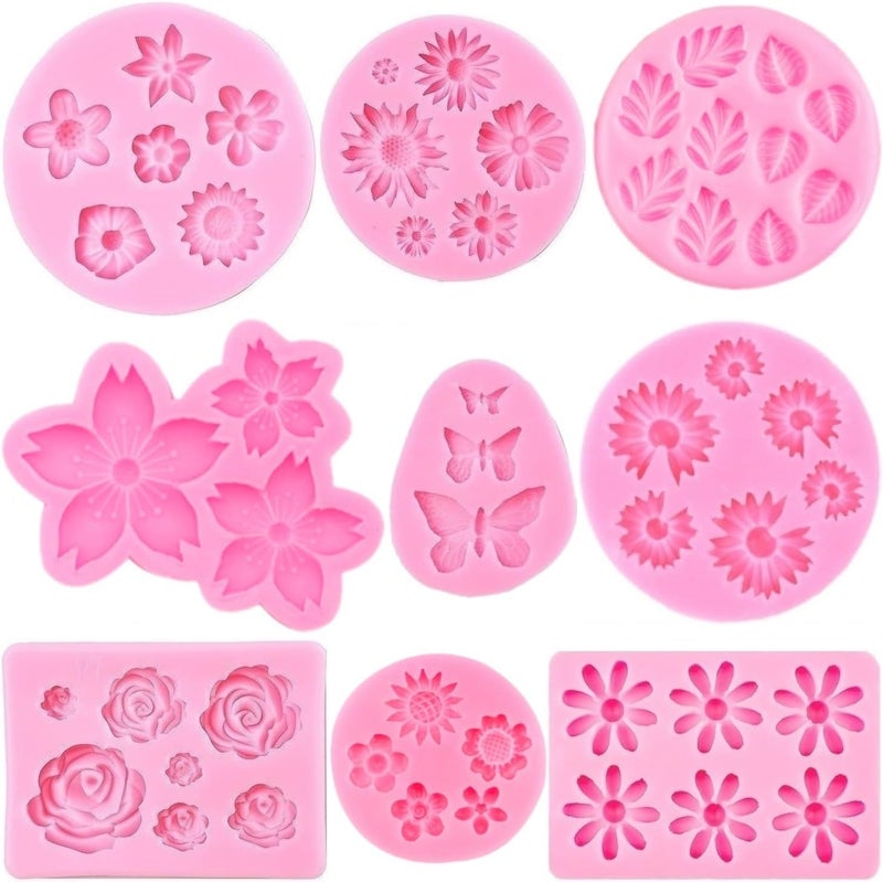 AMBESTEE Flower Silicone Molds,9pcs Rose Leaf Daisy Sunflower Chrysanthemum Small Flowers Fondant Molds Polymer Clay Mould Candy Chocolate Molds for Cupcake Cake Pop Puck Decoration DIY Crafts - Image 1